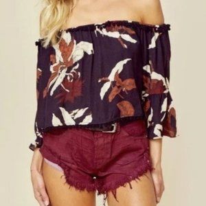 Tularosa Brown Pompom Trim Off The Shoulder Top Boho Chic Flowy Size XS
